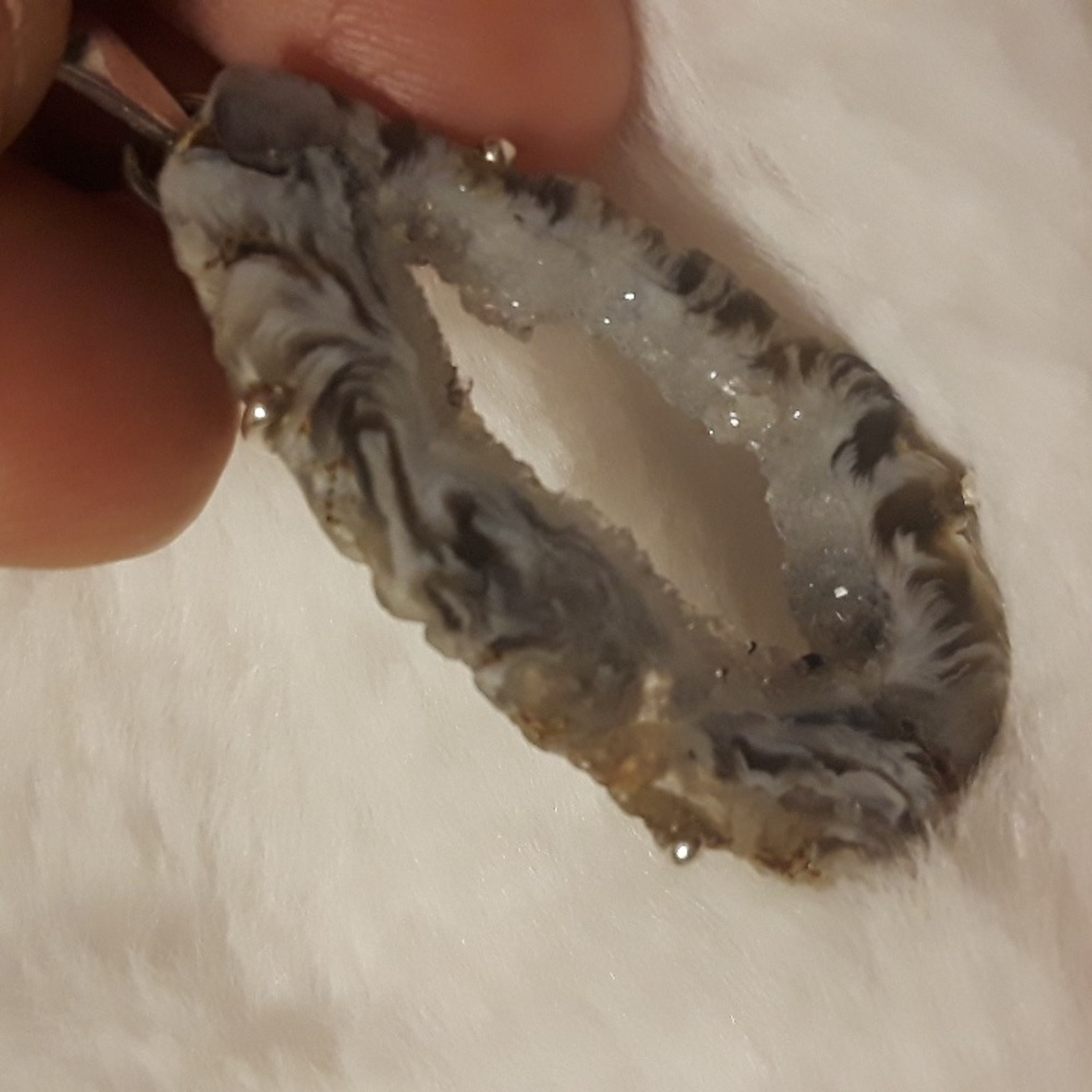 Geode Druzy Agate Slice Pendant .925 Sterling Silver Shimmer White Black Gray - Picture 9 of 11